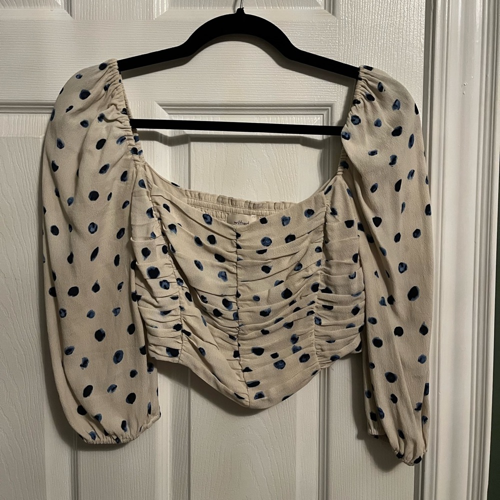 Aritzia Wilfred Blue Polka Dot Crop Top